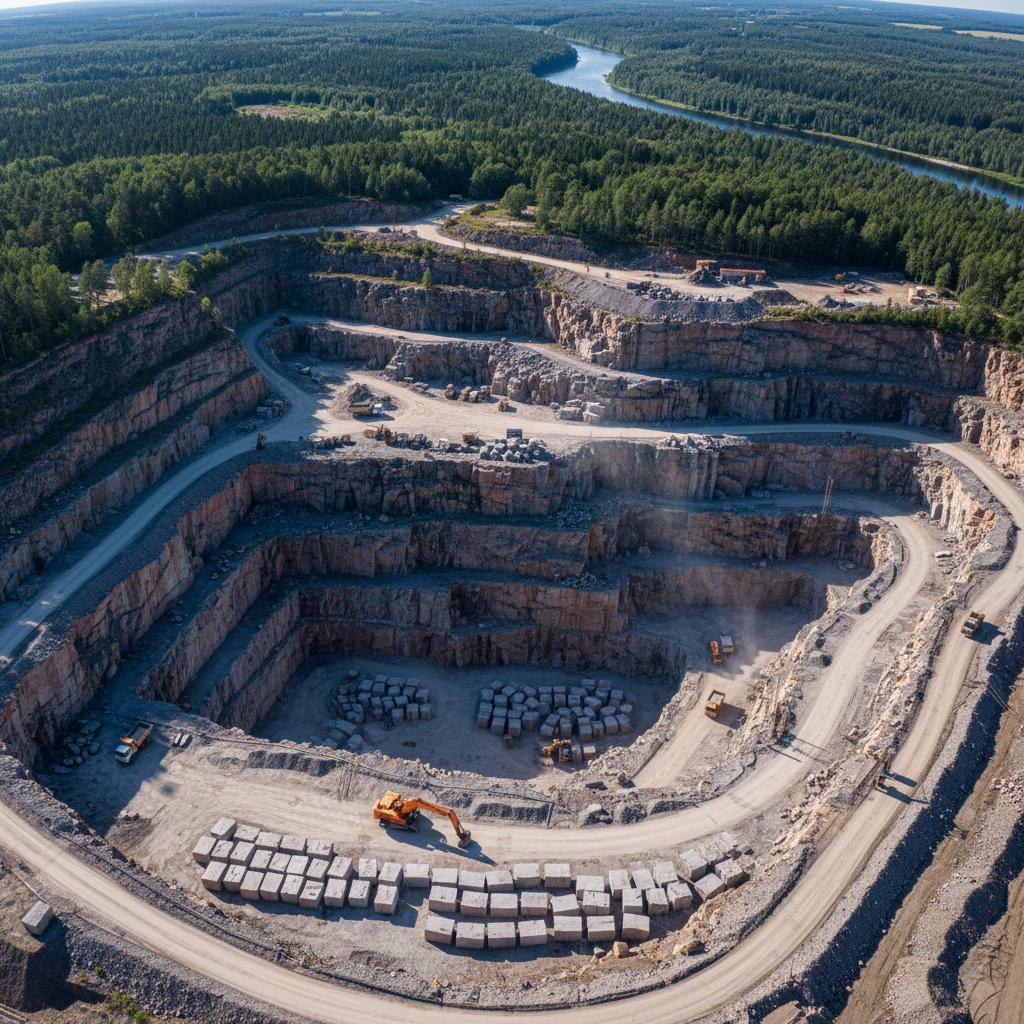Aerial view of active granite quarry showing exposed rock faces with horizontal cut lines and strata banding
