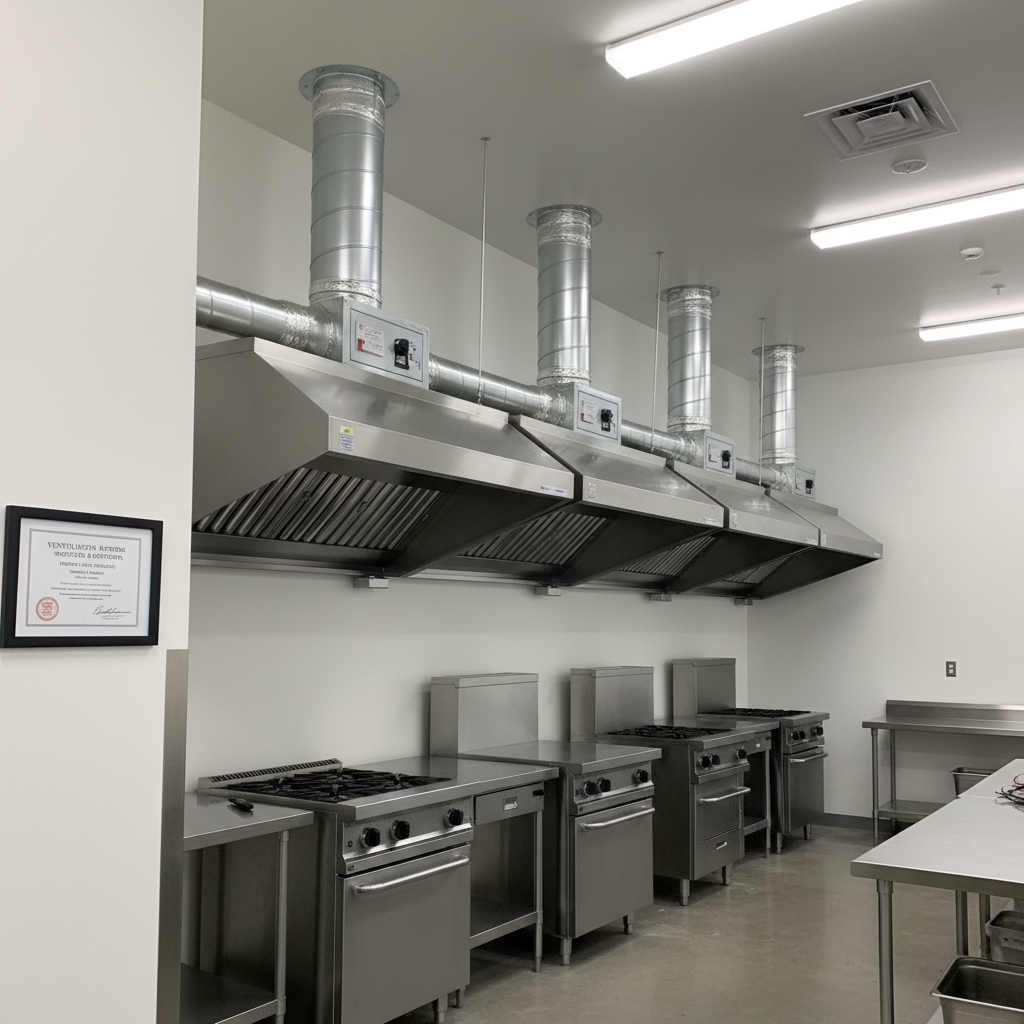 Completed ghost kitchen ventilation system with four Type-I hoods and centralized exhaust, inspection certificate displayed