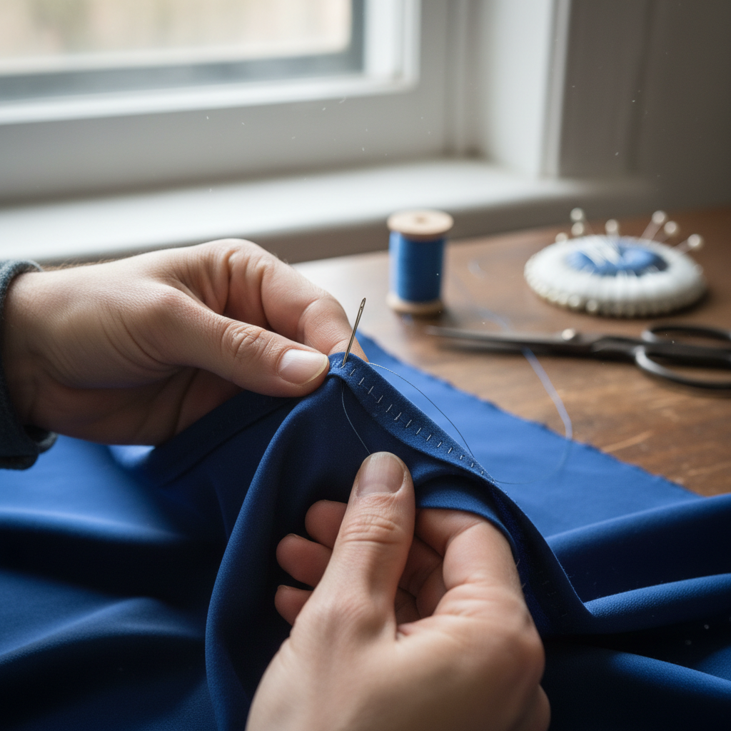 Professional repairing loose curtain hem with needle and thread in elegant setting
