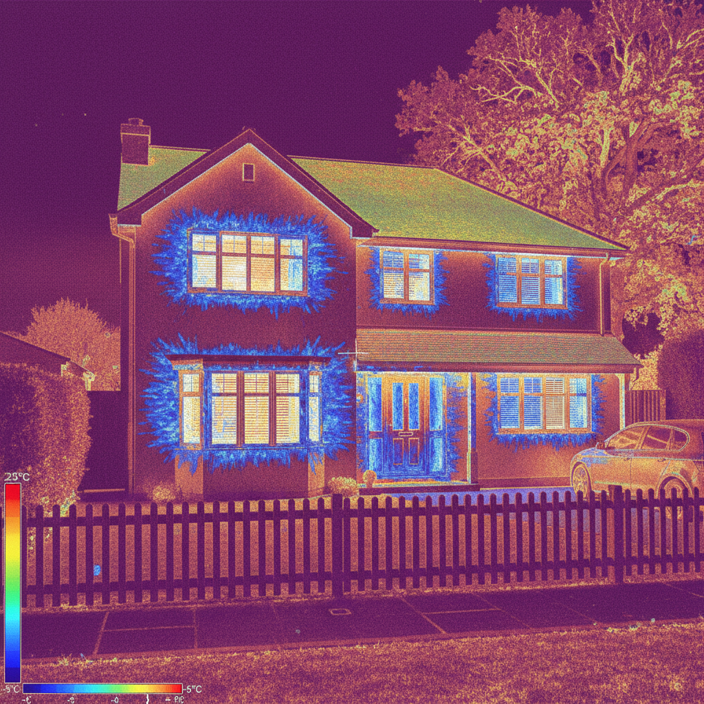 Thermal imaging scan of a house showing blue cold spots around windows and door frames indicating air leaks