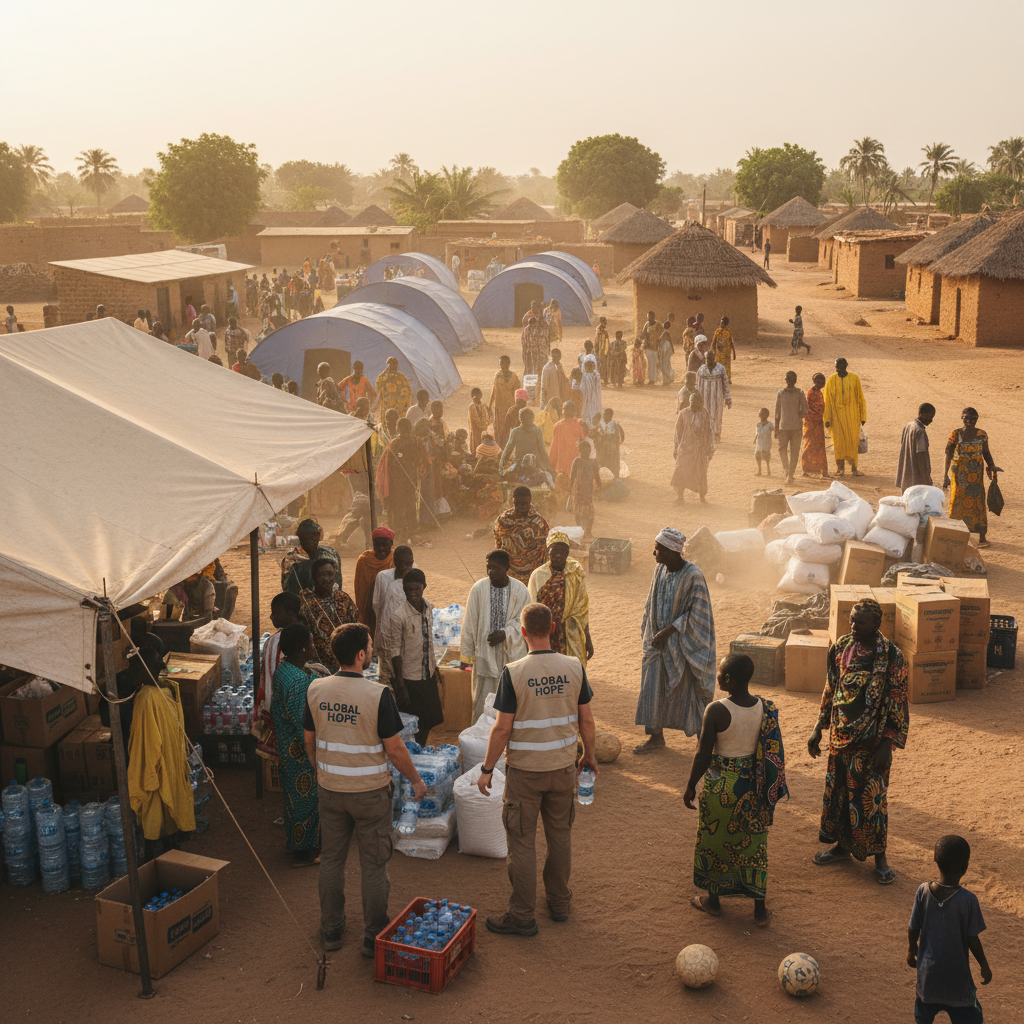 Humanitarian workers distributing supplies in a rural African village, late afternoon golden light, dust in the air, children and adults gathered around, deep shadows