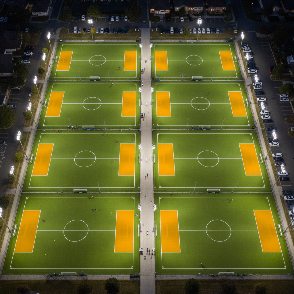 Aerial drone shot of eight regulation ultimate frisbee fields at Field complex, freshly lined with bright end zones, stadium lighting towers visible at corners