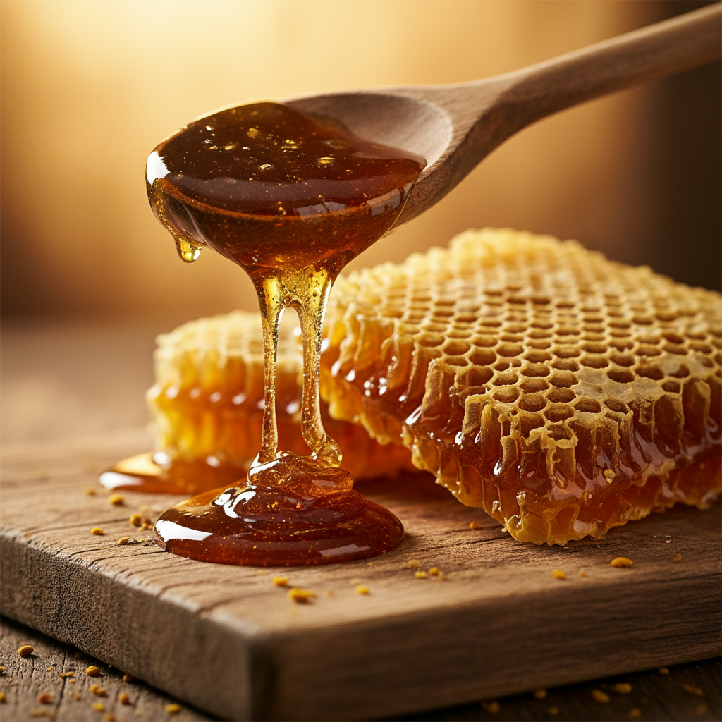 Dark amber Manuka honey on a wooden spoon with honeycomb, warm backlit glow