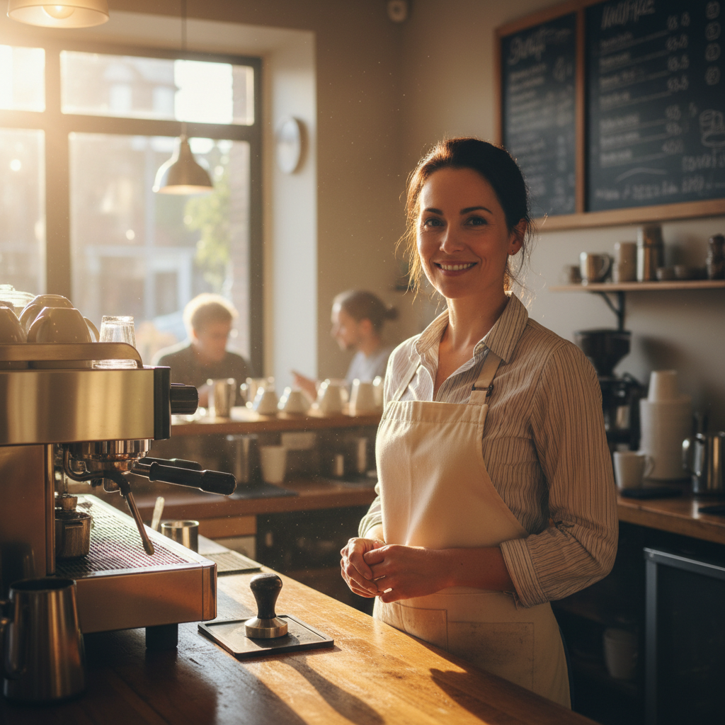 Female café owner standing behind espresso bar with confident expression