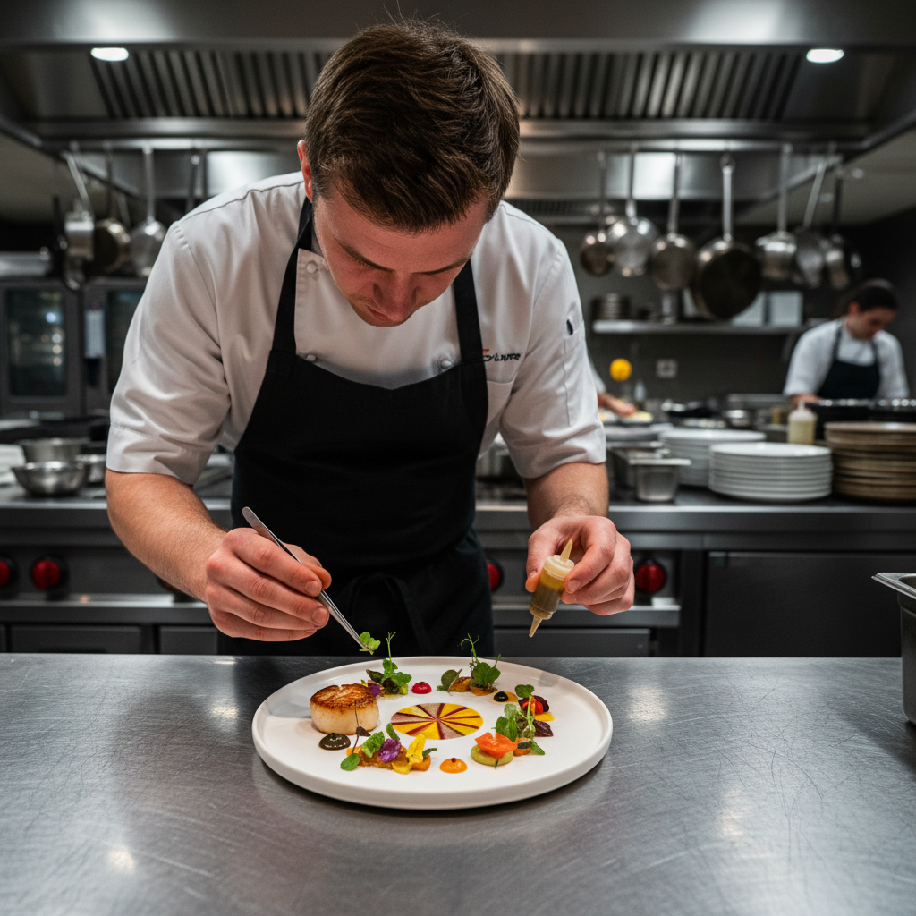 Renowned chef in white jacket focused on intricate plate garnish in professional kitchen