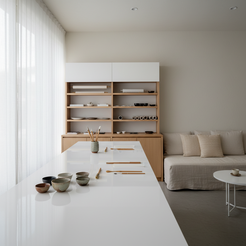 Lacquer Silver Lake studio with warm linen seating and Japanese minimalist tools on white counter