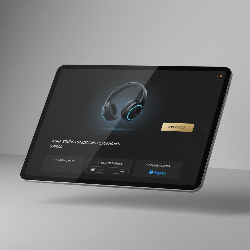 Premium e-commerce platform showing elegant product pages, shopping cart, and streamlined checkout experience