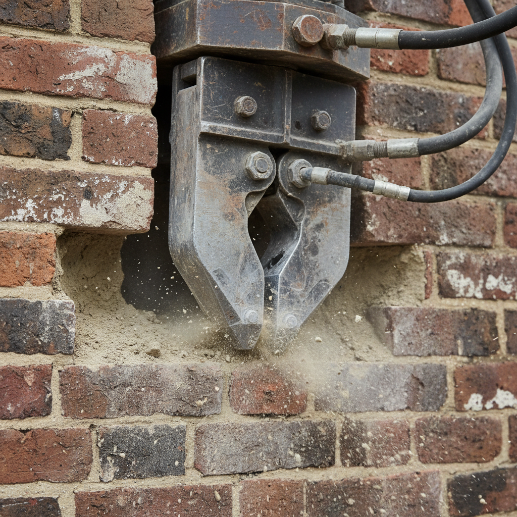 Close-up of hydraulic jaw machinery cracking old mortar from Victorian brick, showing mechanical cleaning process