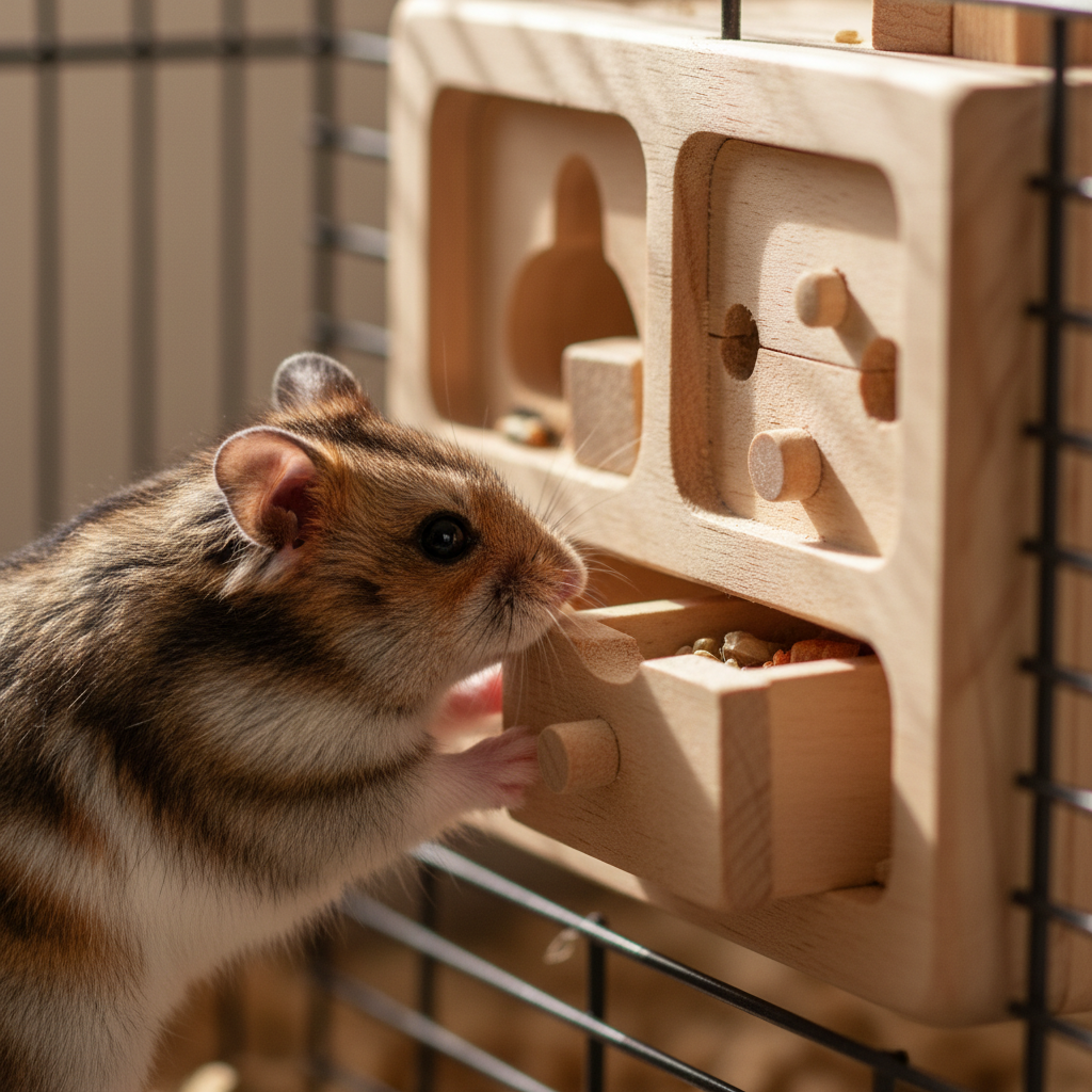 Small animal investigating a wooden puzzle feeder mounted to cage bars, actively engaged