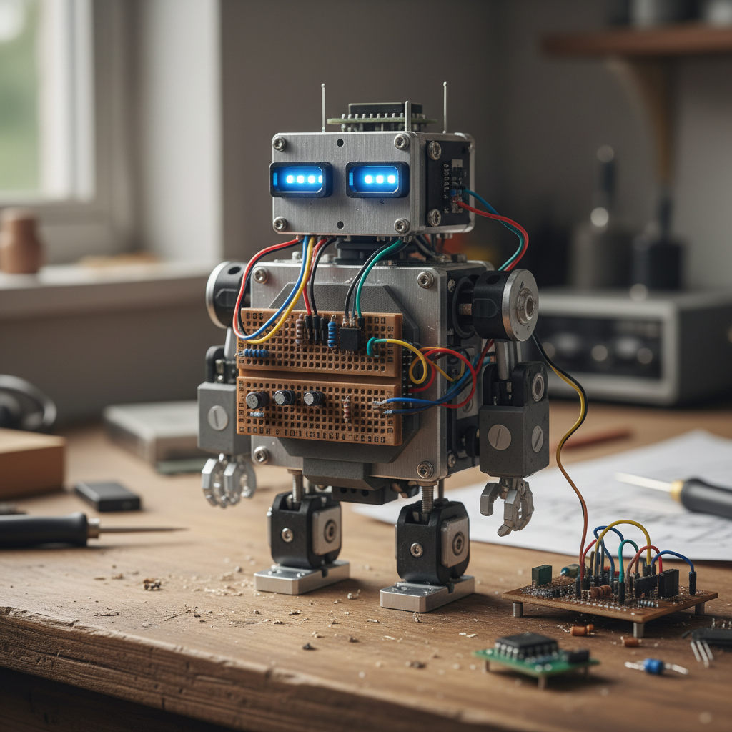 Small robot with LED eyes on a table surrounded by wires and breadboards