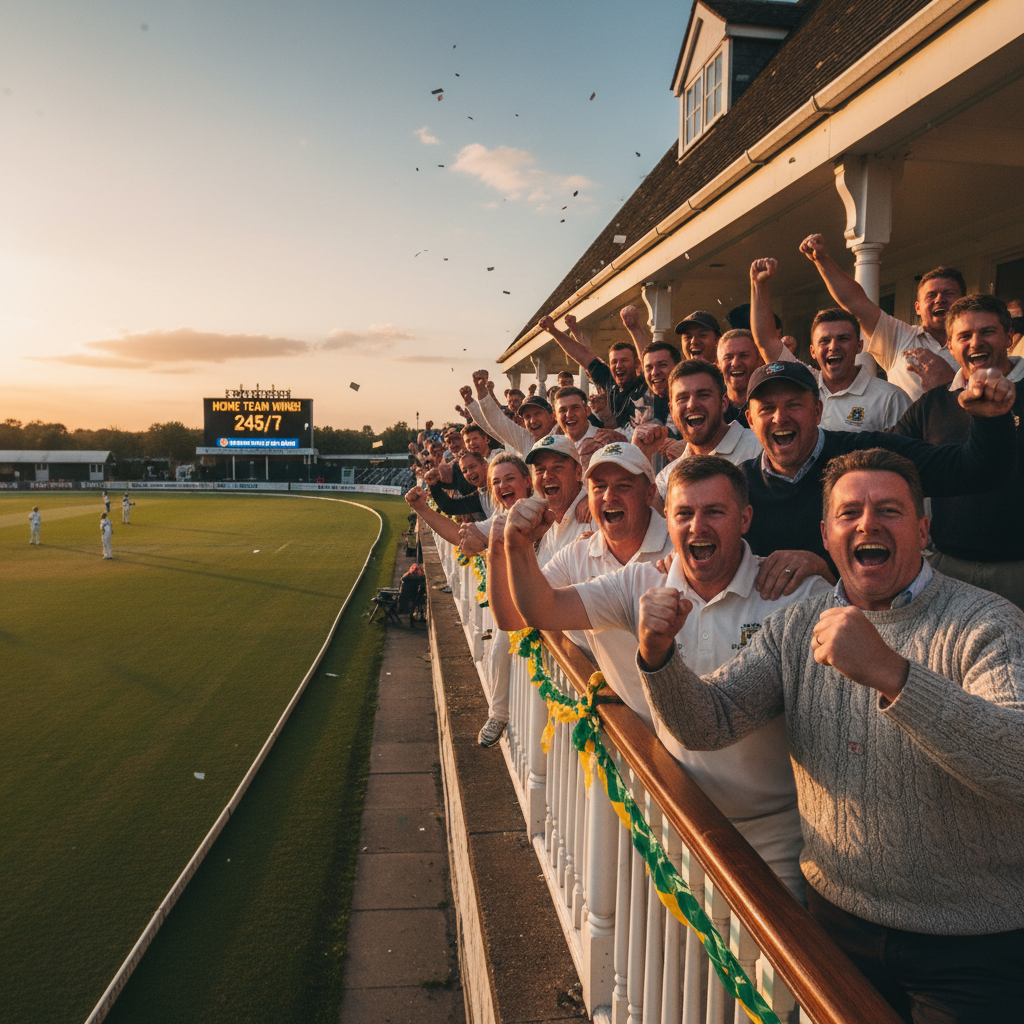 Wide shot of a packed cricket clubhouse balcony mid-celebration, members cheering in the evening light, scoreboard visible in background