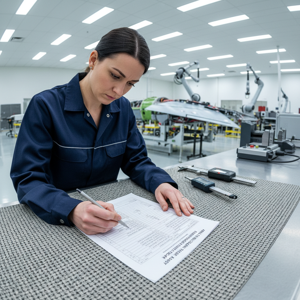 Automotive quality engineer in bright clean facility reviewing parts on inspection table, well-lit professional environment, white walls