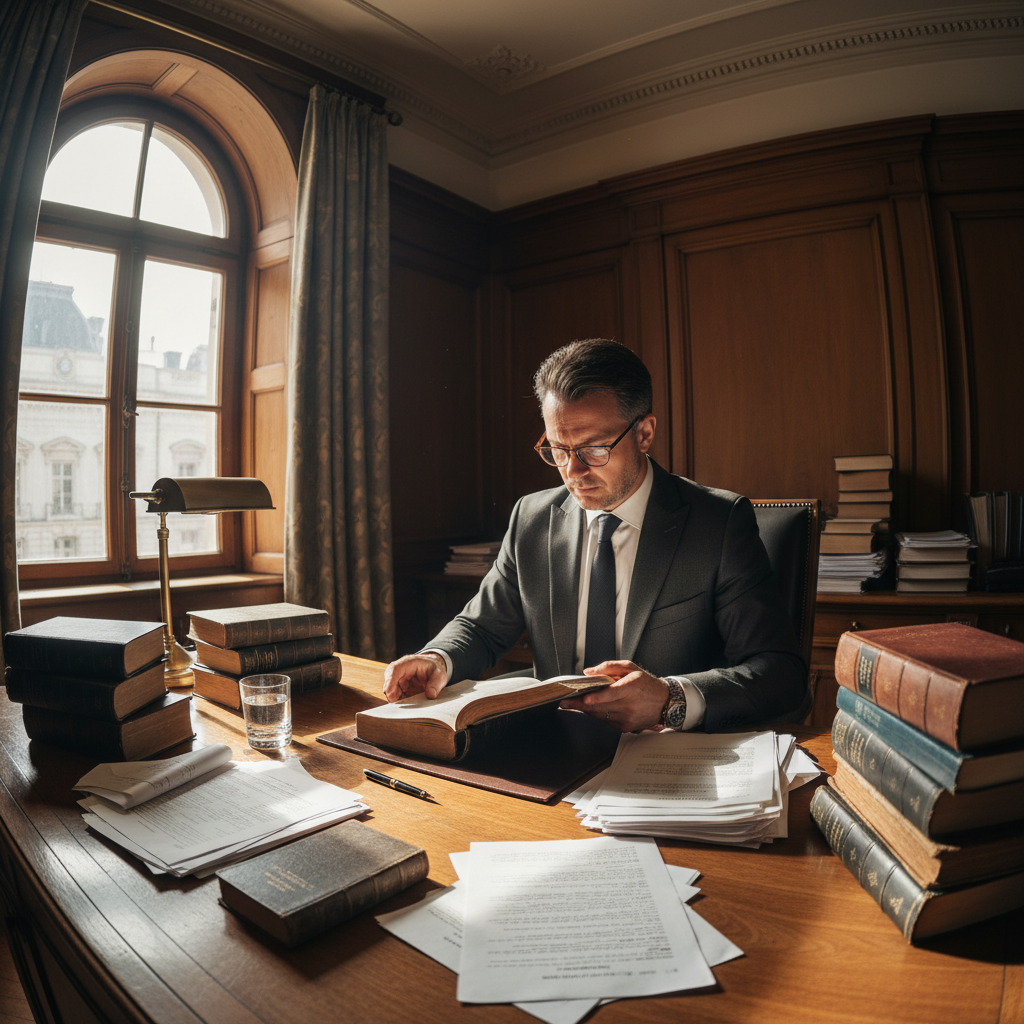 Advocate Deepak Sharma in formal attire at his legal chamber, warm wood-paneled office, books and legal documents in background, professional and approachable
