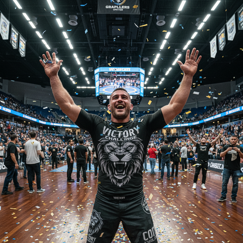 Adult grappler Conrad Hartley at post-tournament celebration