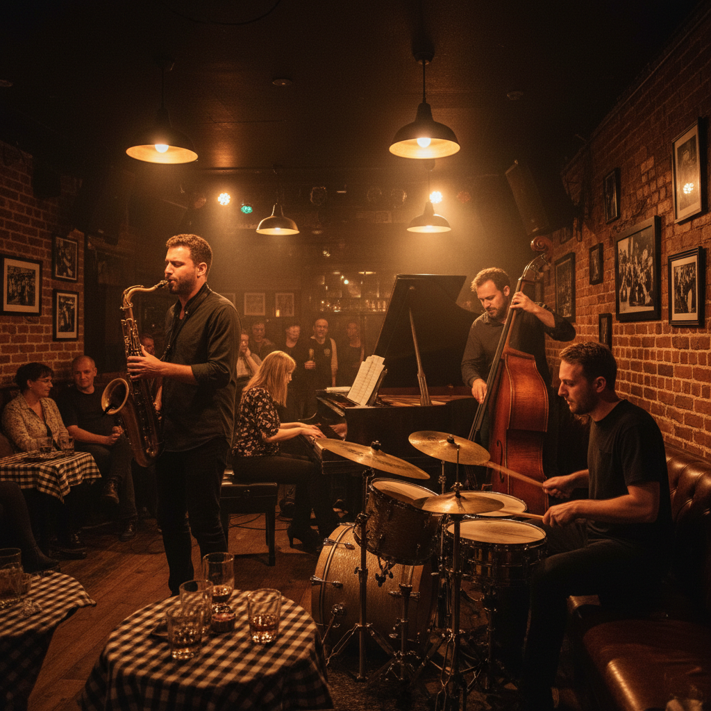 Friday night jam session in jazz den, musicians improvising, warm amber spotlights overhead