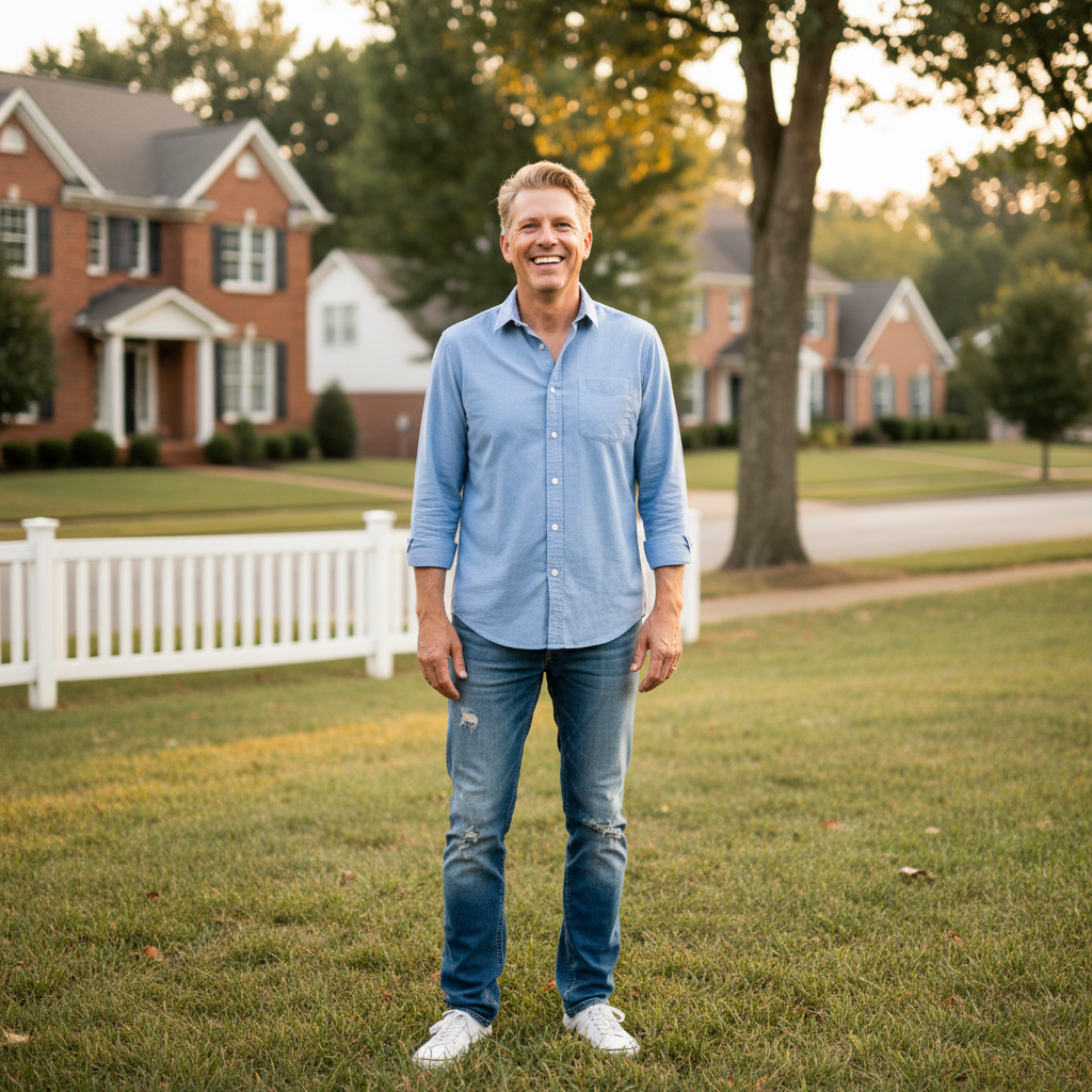 Kevin Ramirez, suburban homeowner smiling outdoors wearing a casual navy t-shirt