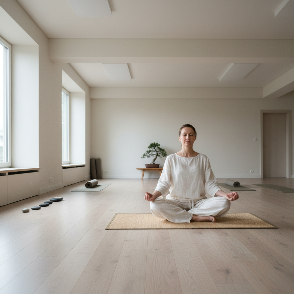 Woman in peaceful yoga pose on mat in serene studio with natural light