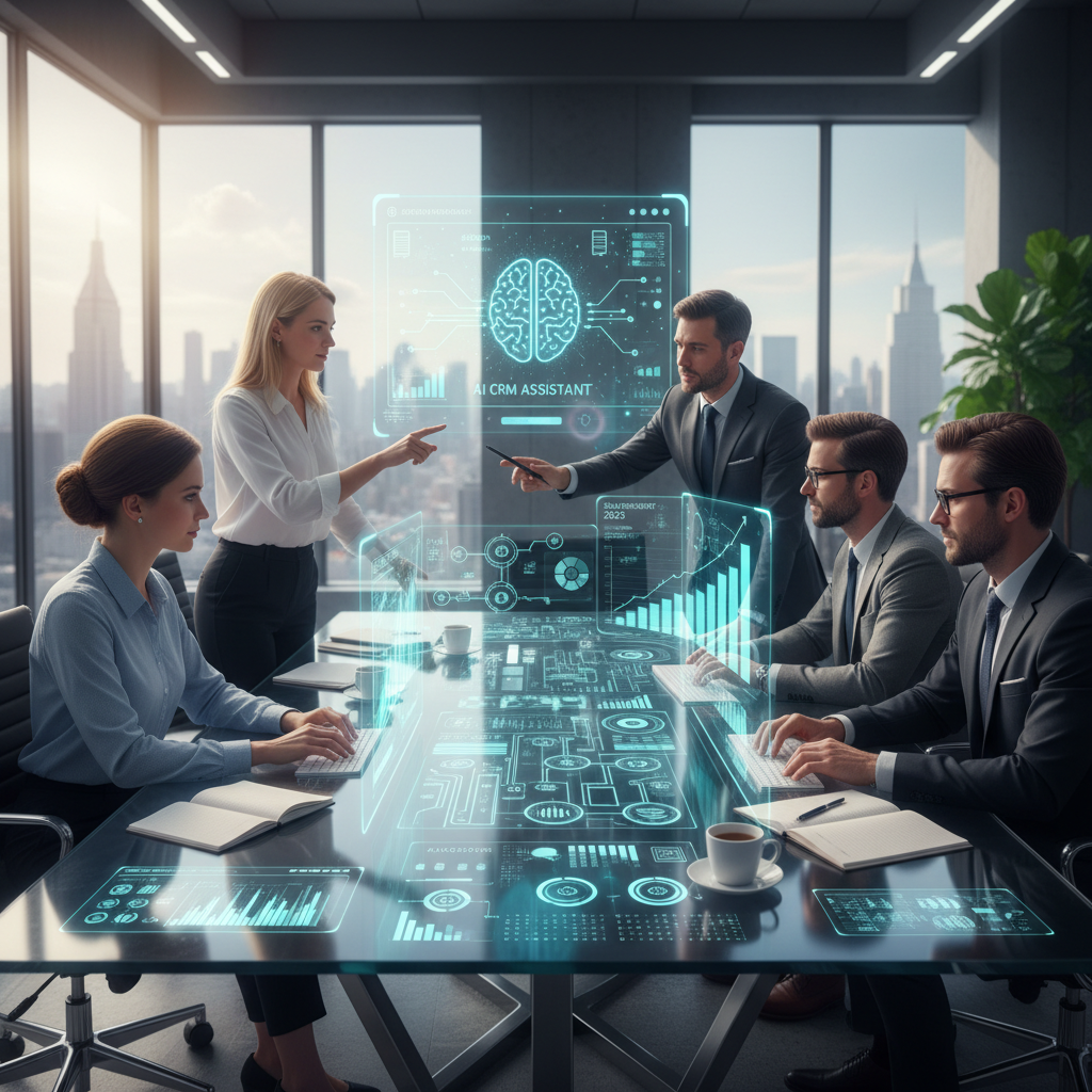 Business coach in modern office with AI-powered client management tools visible on screen
