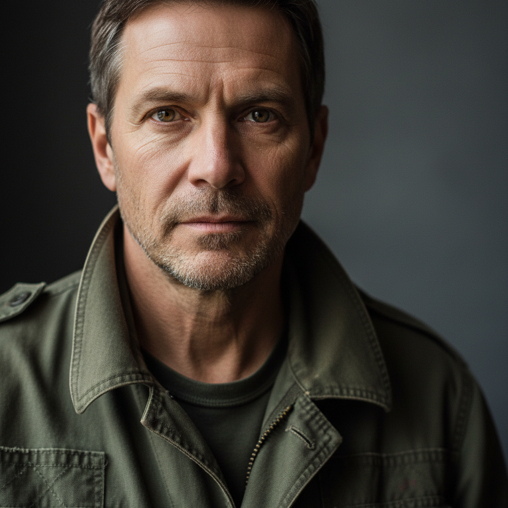 European male photographer in his 40s with rugged look, professional creative industry appearance
