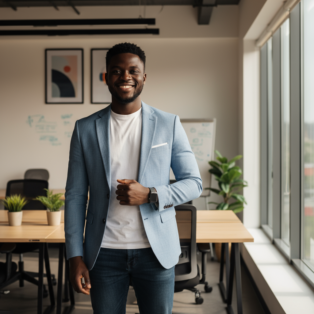 Young Nigerian male entrepreneur in business casual attire, professional headshot, confident expression
