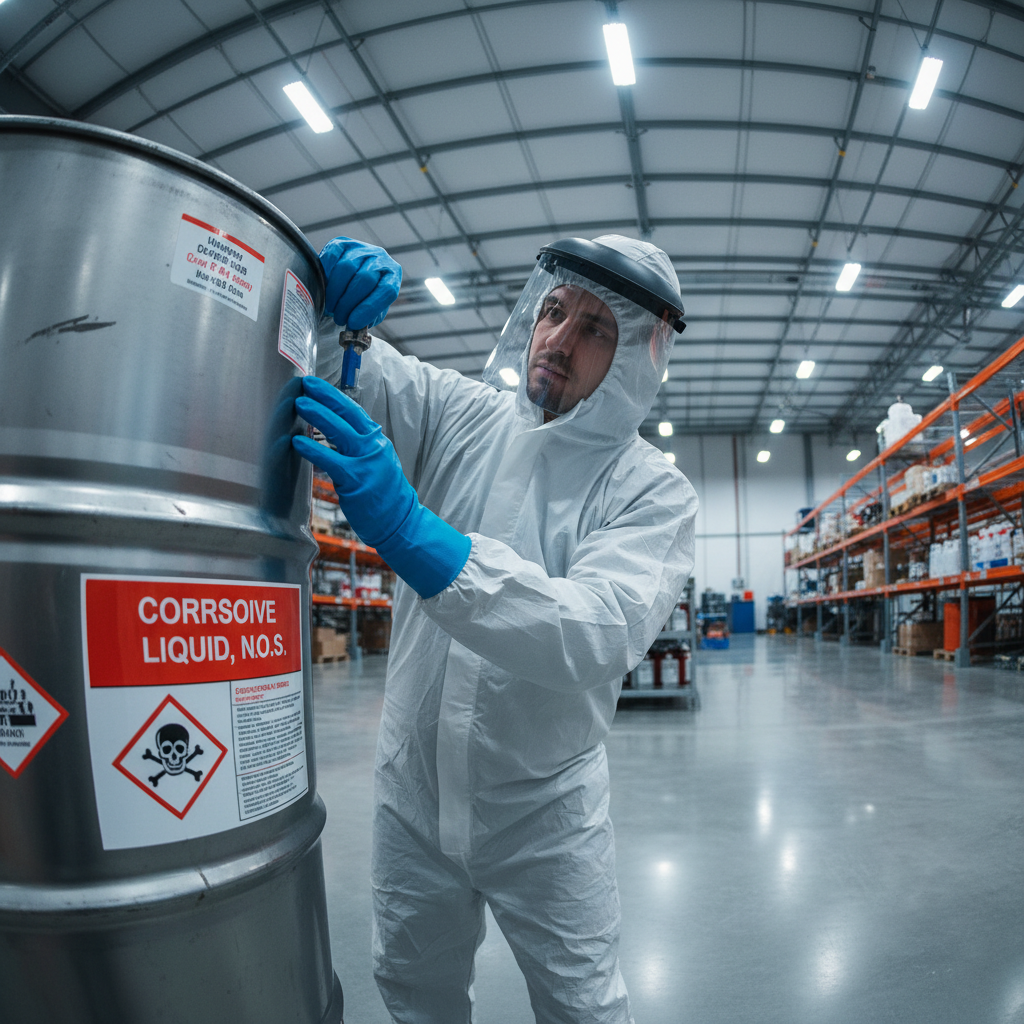 Worker in protective gloves handling labeled chemical drum under fluorescent warehouse lighting