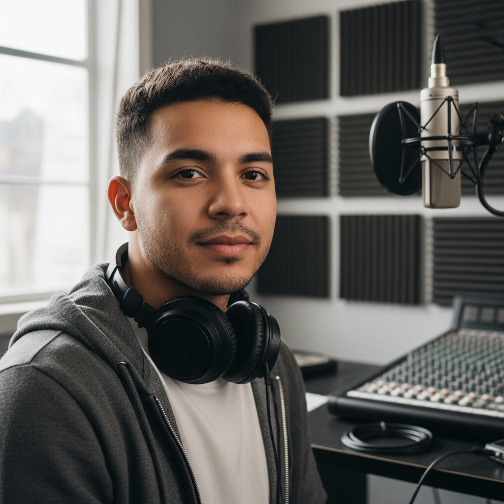 Latino man with headphones around neck in music studio