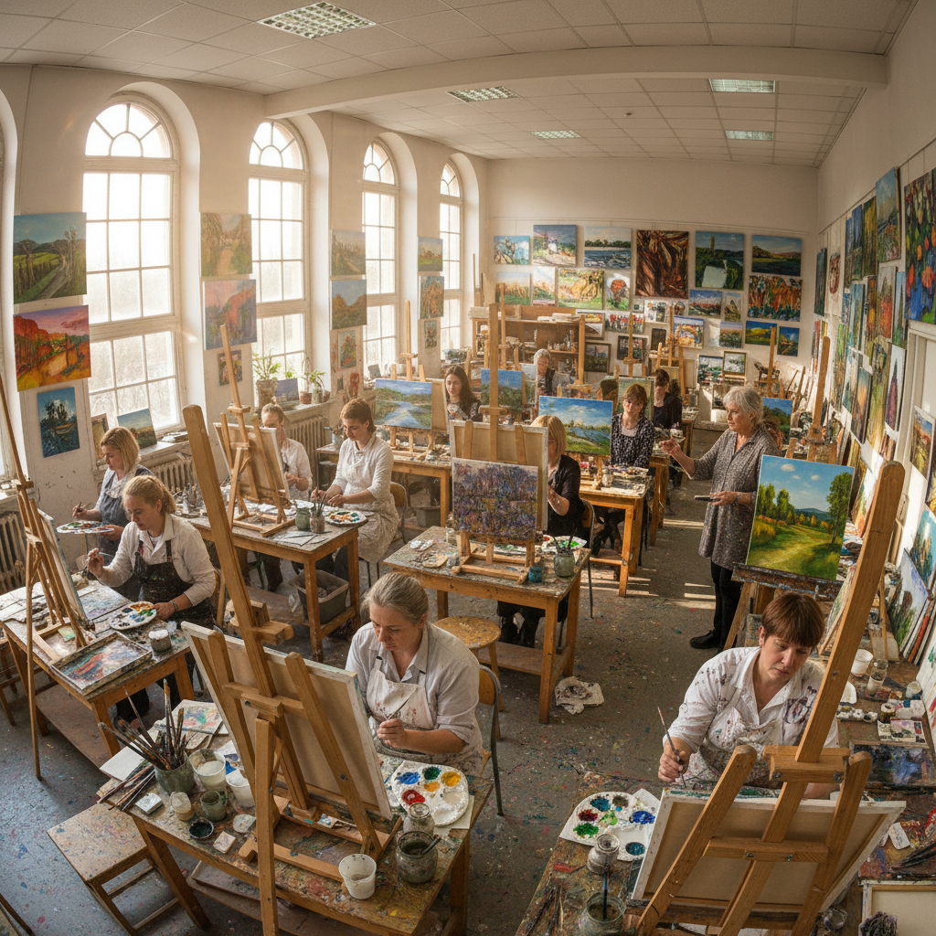 Margot Vielle, oil painting teacher, standing before a large canvas in her studio