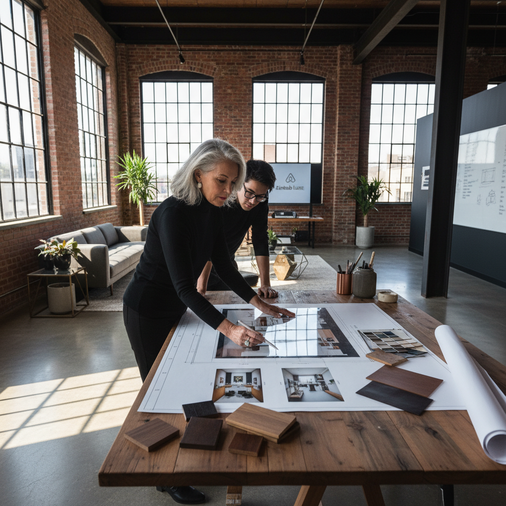 Design team collaboration, material samples on table, bright meeting room, professional designers working together