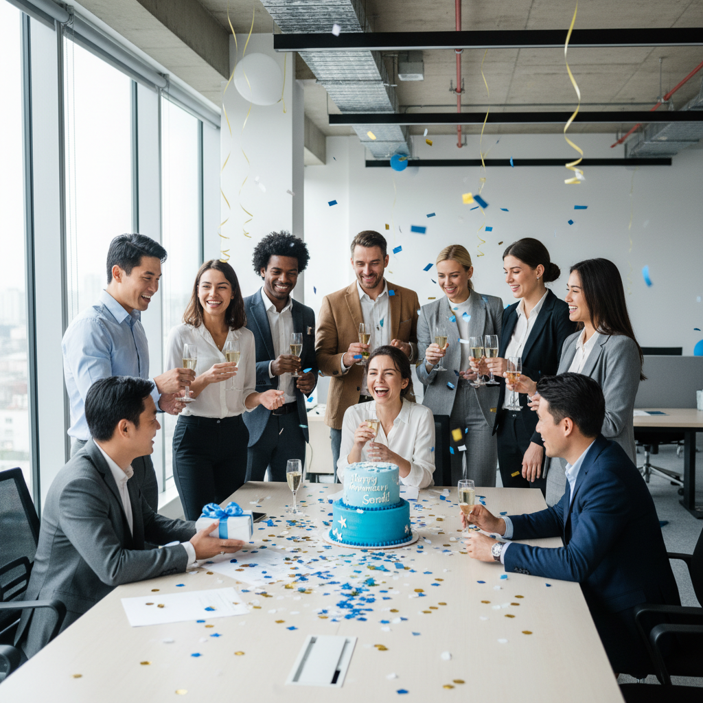 Office team celebrating with a custom corporate anniversary cake in a conference room