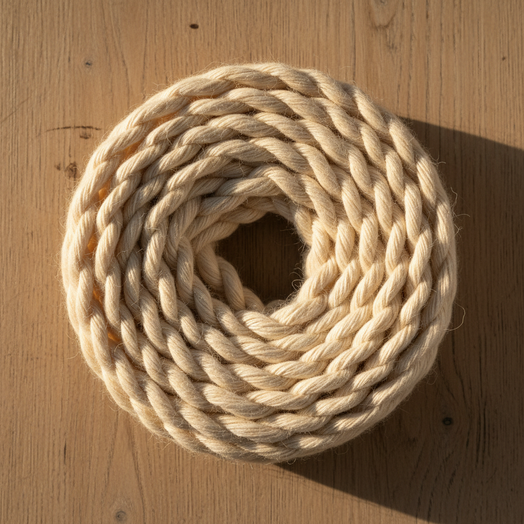 Coiled natural unspun cotton rope in warm afternoon light on wooden surface