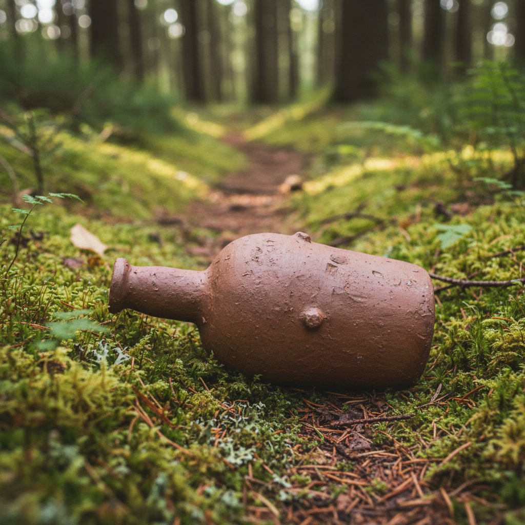 Hand-thrown clay bottle on a mossy hiking trail