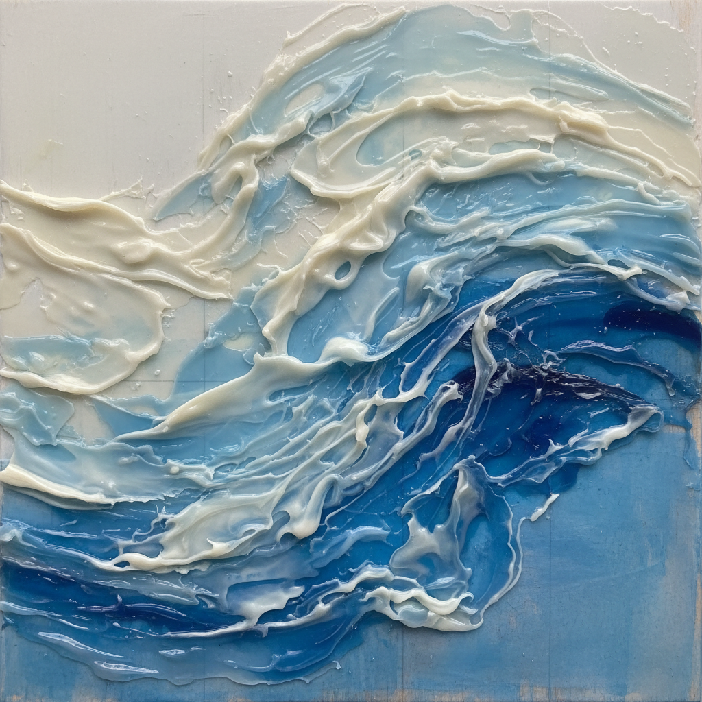 Encaustic panel in cool grey and pale blue tones, layered translucent wax surface, minimal and serene