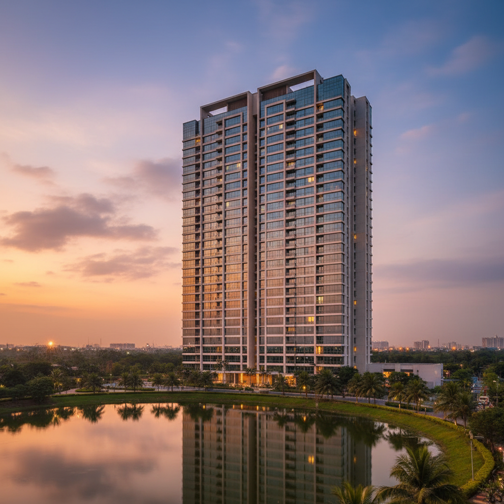 Prestige Lakeside Habitat glass facade tower with landscaped entrance Whitefield Bengaluru