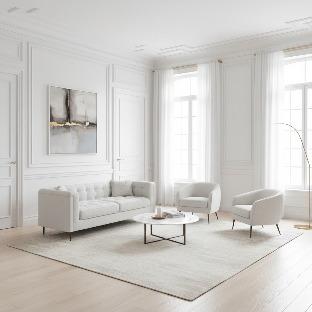 Sala principal de lujo con sofás de lino beige, mesa de centro de mármol blanco con patas de acero, iluminación cálida de diseño arquitectónico