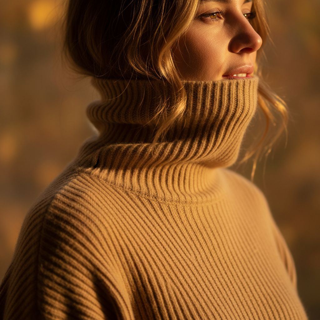 Woman in soft ribbed cashmere sweater in warm neutral color, cozy elegant style, soft natural light
