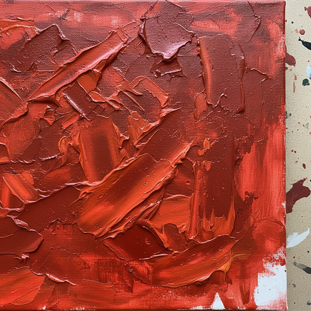 Thick acrylic paint on canvas with bold scraping marks in red and burnt orange, raw and expressive student artwork