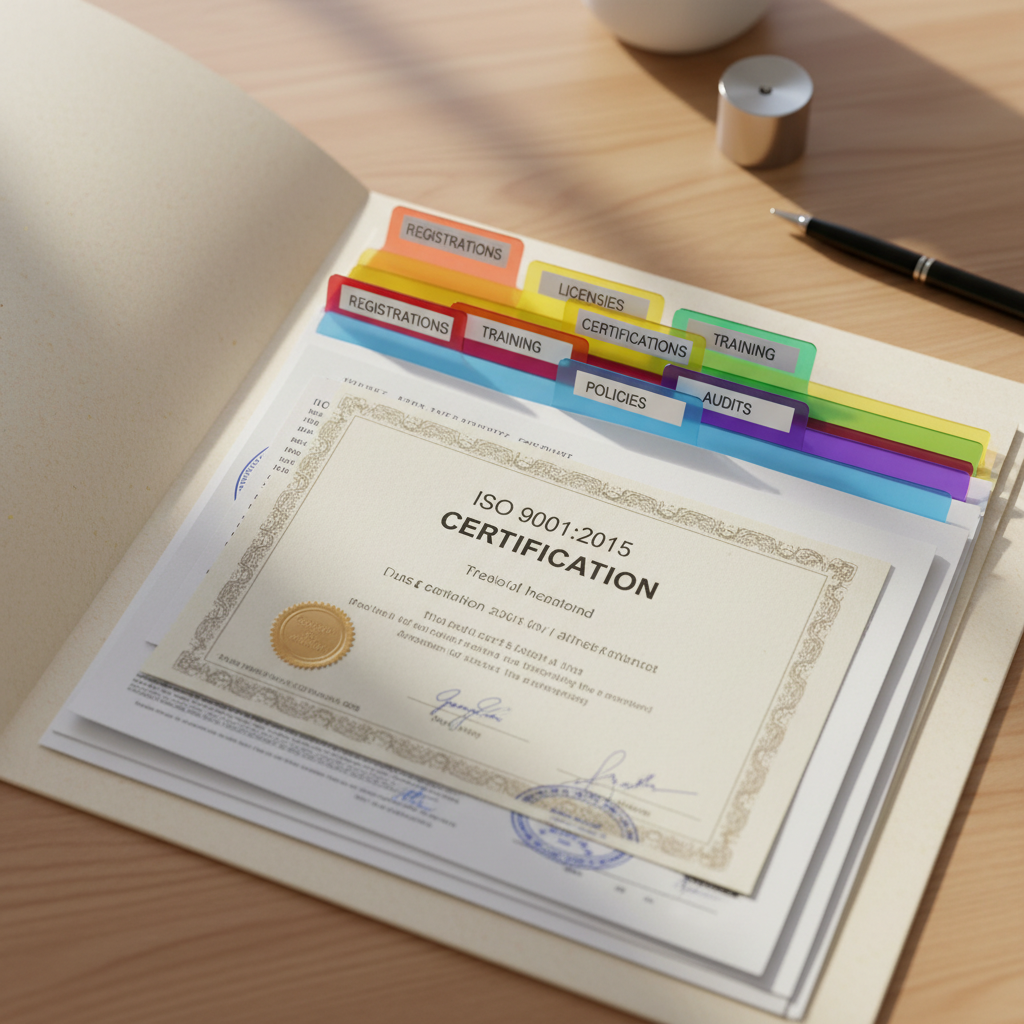 Organised compliance folder with colour-coded tabs and certificates neatly filed on a desk