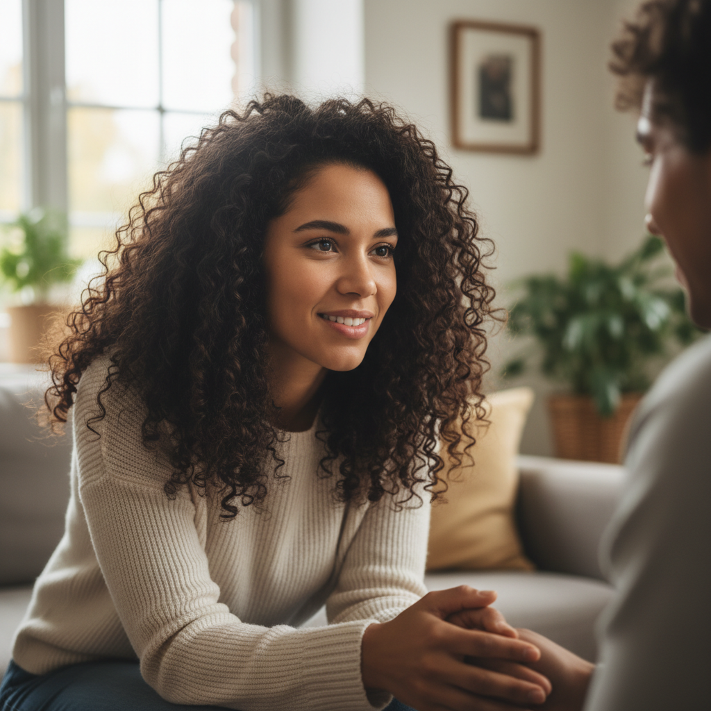 Parent peer support contact, woman with curly hair