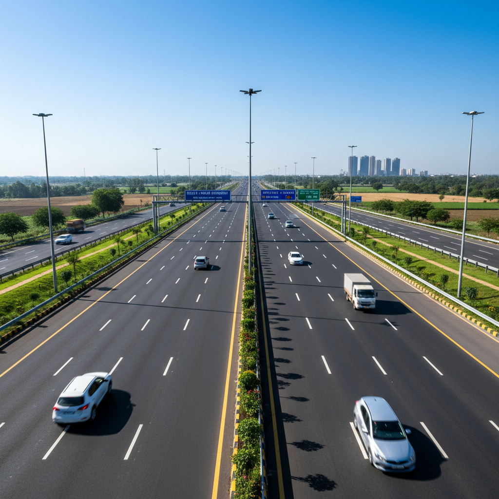 Modern car on a clean highway, bright daylight, open road