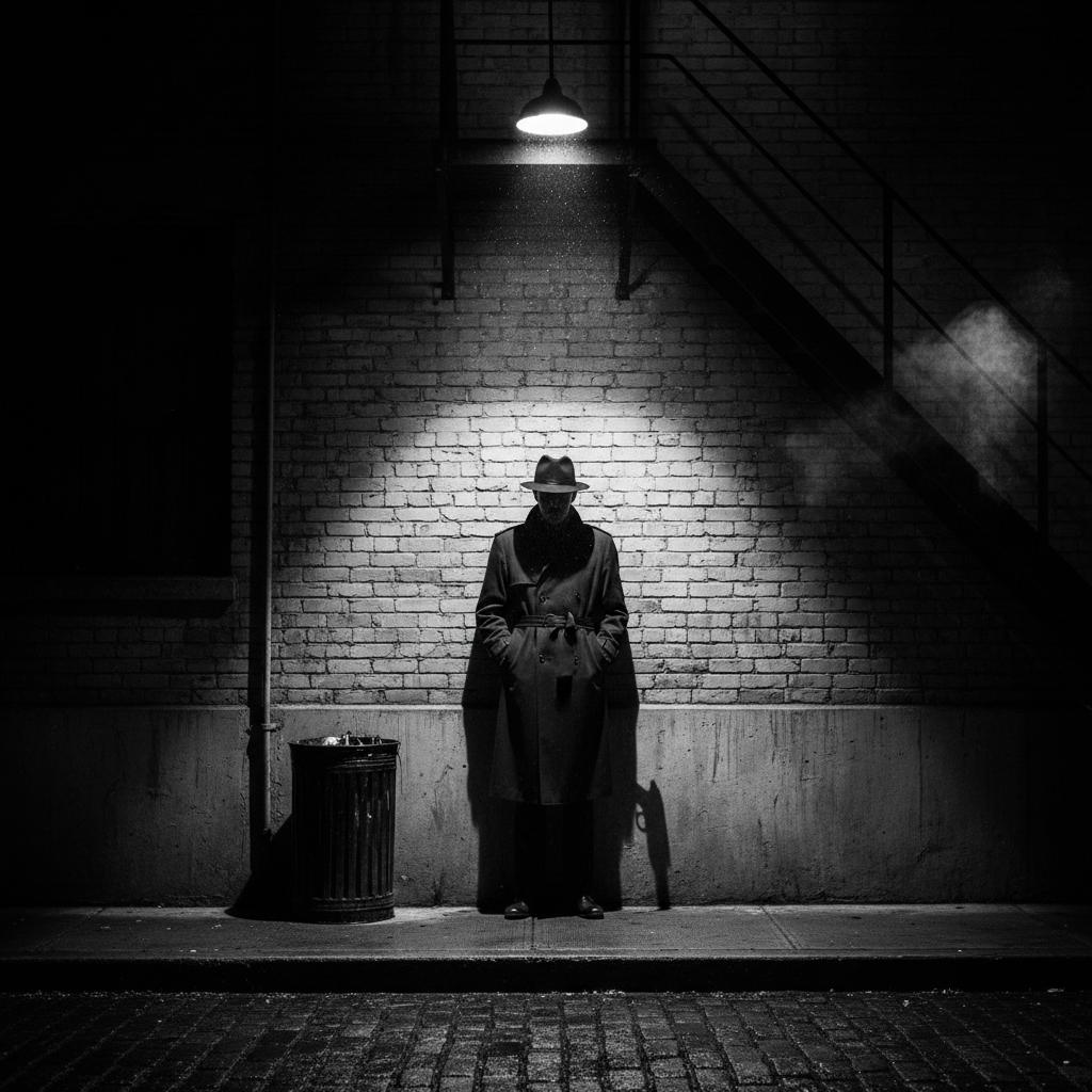 Dramatic film noir lighting with shadows on a wall