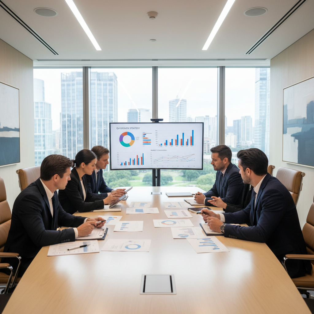 Executive team reviewing strategic business plan with charts and graphs in modern boardroom