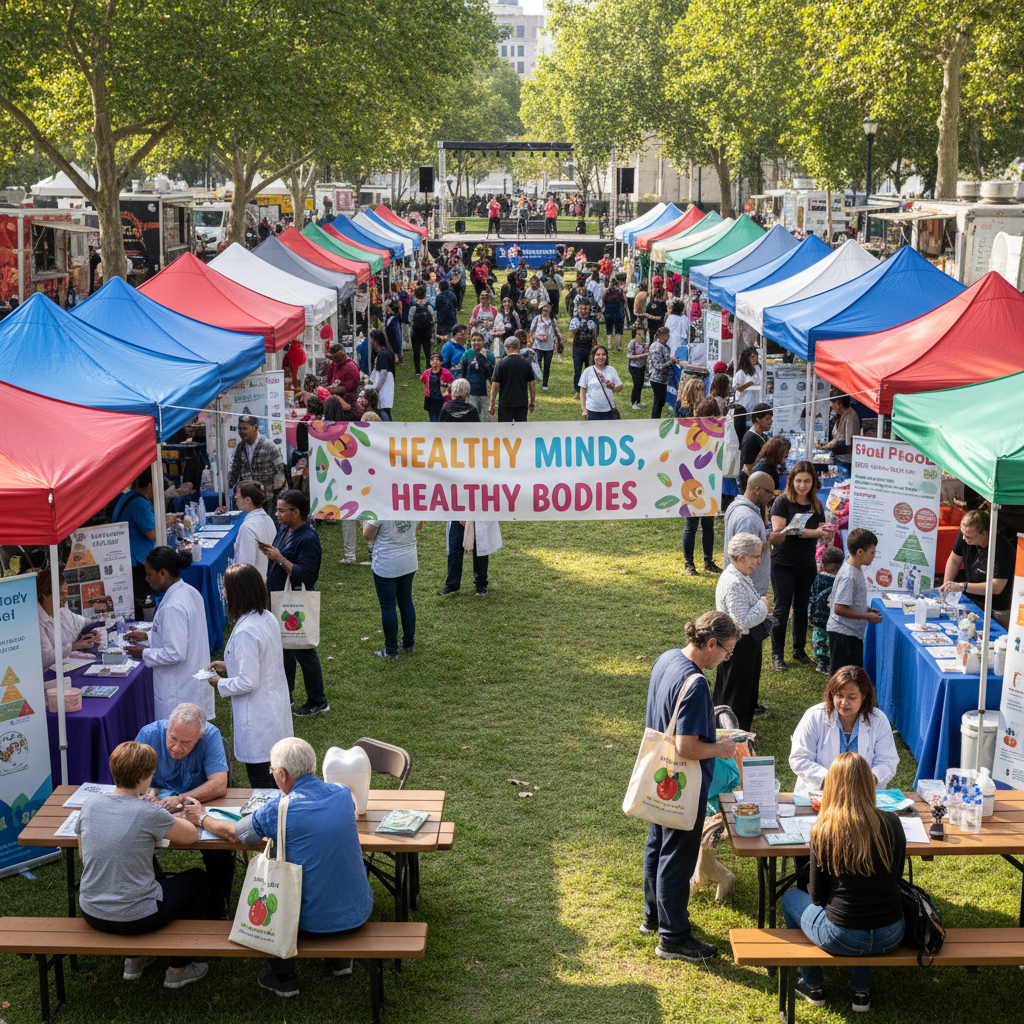 Community health fair with booths, medical professionals and attendees in bright space