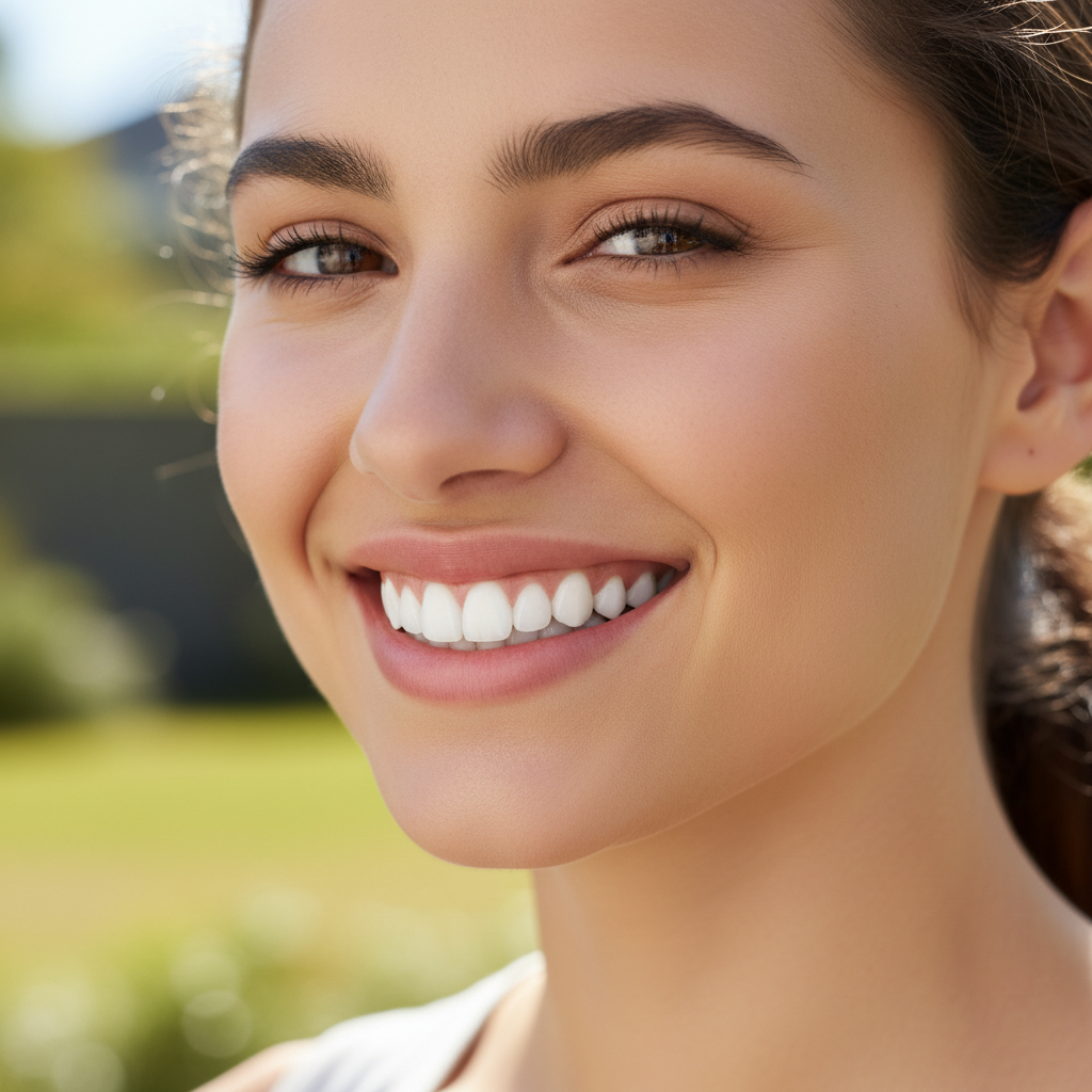 After orthodontic treatment showing perfectly straight aligned teeth with beautiful smile