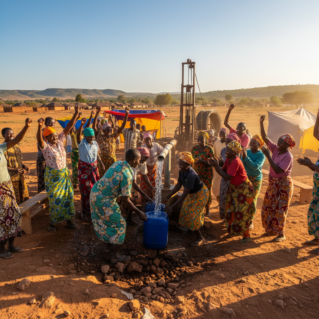 Community members gathered around a newly drilled borehole celebrating with raised arms