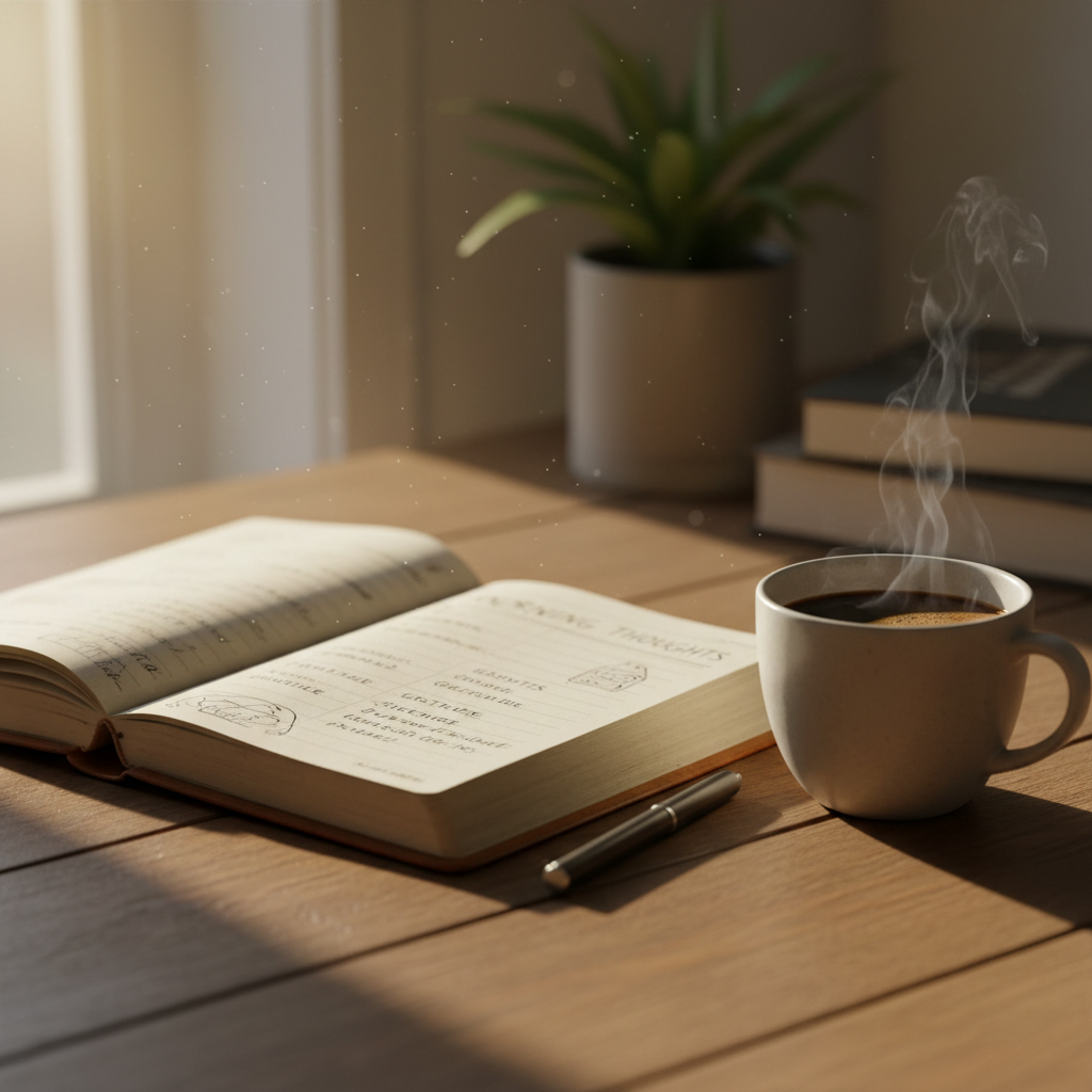 Open journal on a wooden desk with a pen and soft evening light
