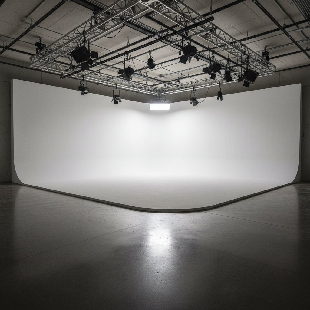 Wide shooting bay with polished concrete floor, white cyc wall curving at the base, and overhead grip equipment in silhouette