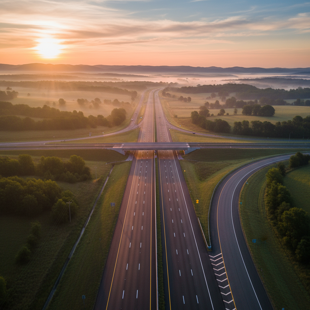 Wide angle aerial view of open interstate highway at dawn with clear lane markings