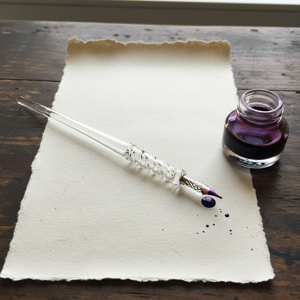 Glass nib beside violet ink well on handmade paper with deckled edges