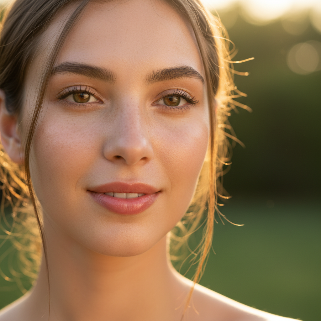 Person with healthy glowing skin in natural setting, soft warm lighting
