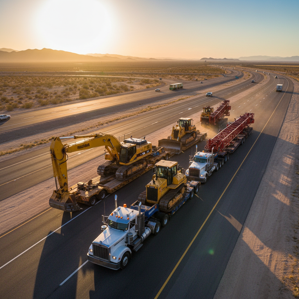 Dramatic aerial view of semi-truck convoy on highway at dusk, golden hour light, long shadows, cinematic wide angle